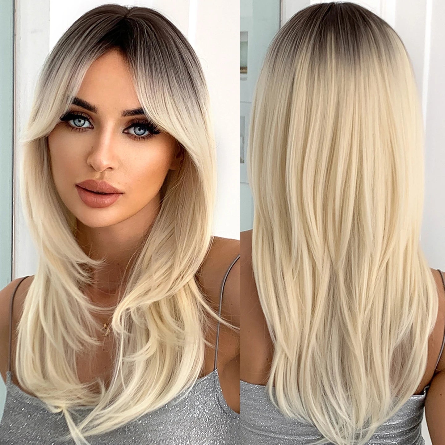 Wholesale Platinum Blonde Brown Ombre Long Layered Synthetic Heat Resistant Wigs With Bang Beige Straight Hair Wig for Women