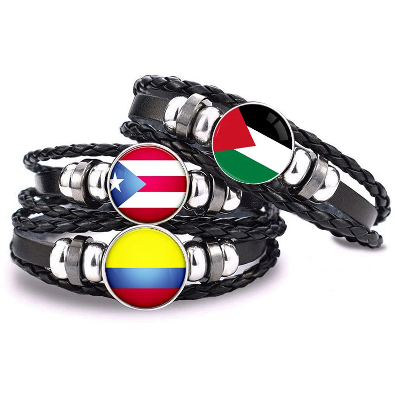 287 Countries Country Flag Glass Cabochon Charm Adjustable Genuine Leather Cuff Bracelets National Holiday Promotional Bracelet