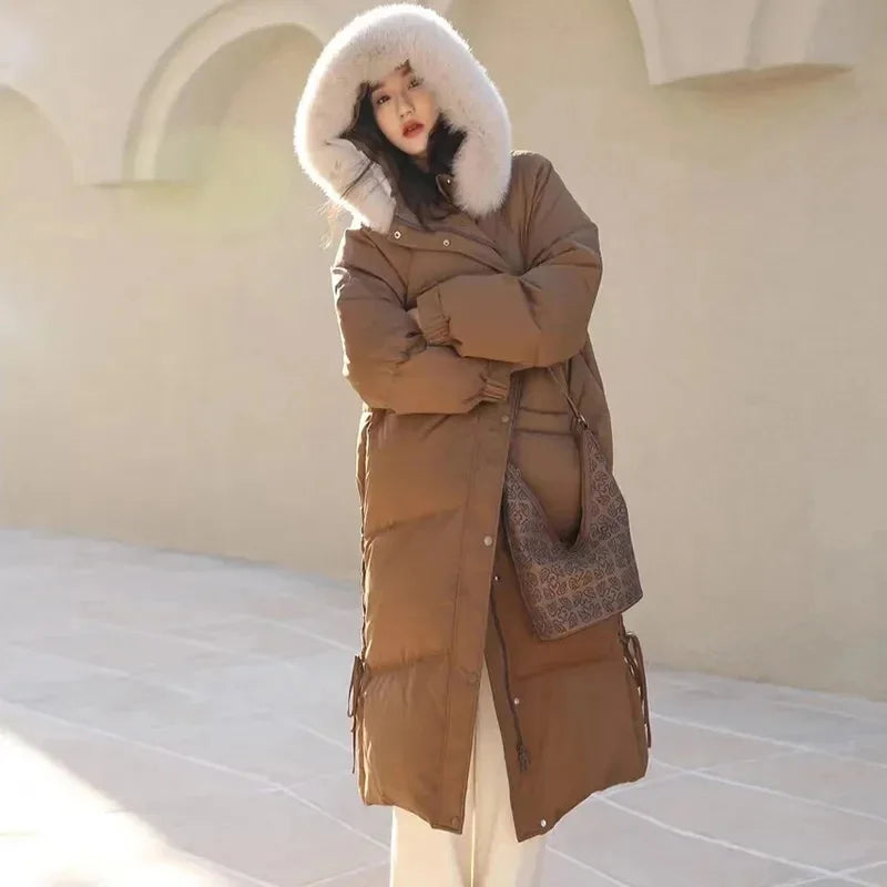 Women's Winter Down Jacket 2023 New Hooded Large Fur Collar Long Over the Knee Thick Loose Design Feeling White Duck Down Coat