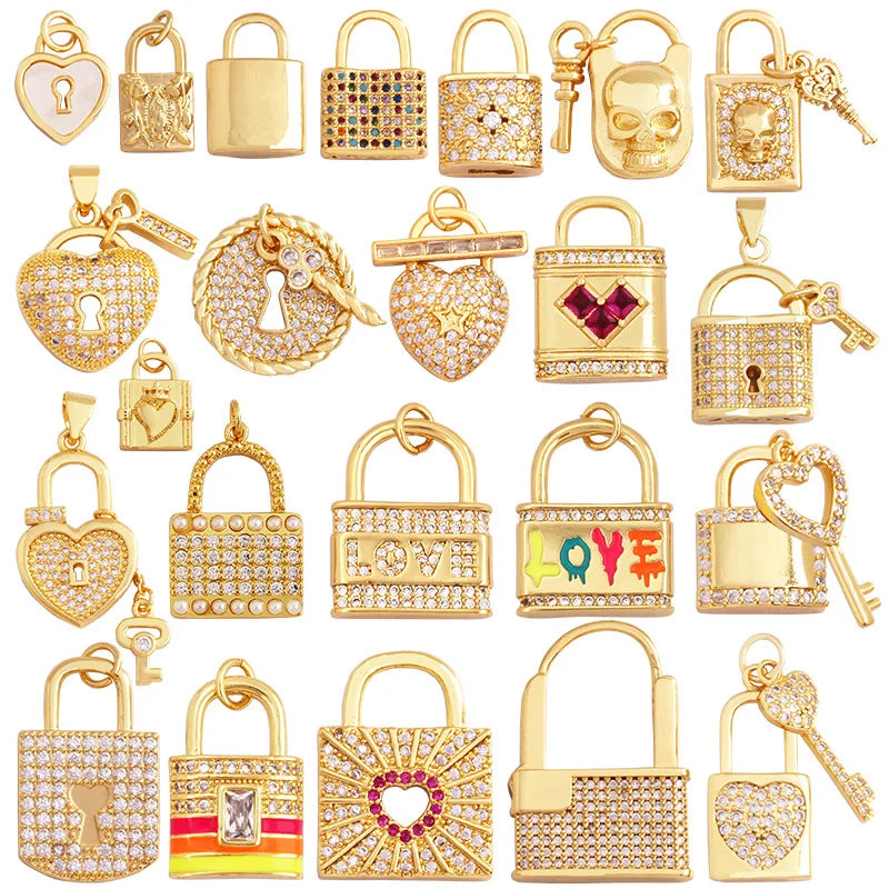 Diy Copper Gold Plated Shiny Zircon Accessories Cute Mini Question Mark Cross Umbrella Key Lock Pendant for Jewelry Making
