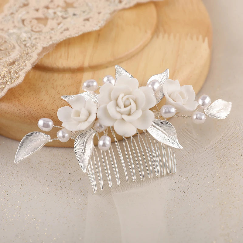 Wholesale Hard Ceramic Flower  Wedding  Hair Comb Fresh Water Pearl Bridal Hair Combs