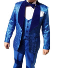 Luxury Paisley Print Men's Suits Tailored 3 Pieces Jacquard Blazer Vest Pants Wide Velvet Lapel One Button Blue Wedding Tuxedos