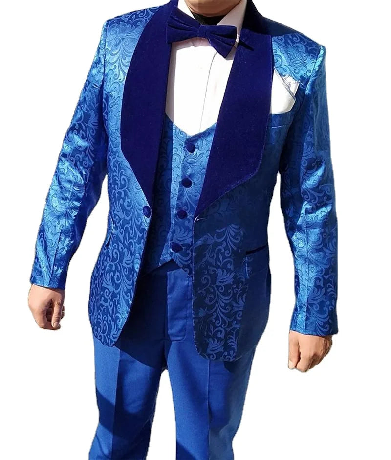 Luxury Paisley Print Men's Suits Tailored 3 Pieces Jacquard Blazer Vest Pants Wide Velvet Lapel One Button Blue Wedding Tuxedos