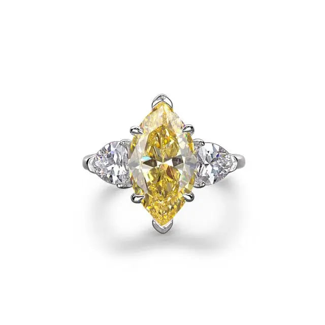 925 Sterling Silver Yellow Cubic Zirconia CZ 3 Stone Marquise Shape Pear Side Stones Anniversary Engagement Ring