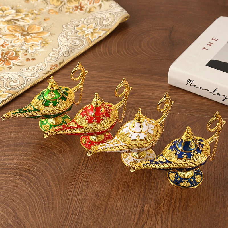 Retro Metal Crafts Custom Gold-plated Embossing Aladdin Magic Genie Lamp Home Decoration Wishing Lamp Arabic Style for Gift