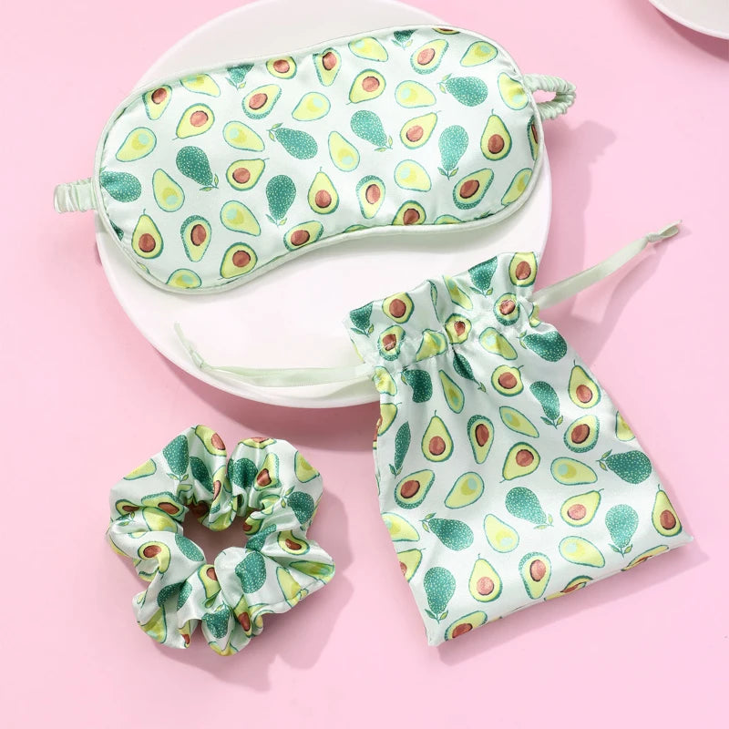 Light-blocking Eye-protecting Elastic Knit Satin & Silk Super Soft Hair Band Kids & Women Avocado Full Print Eye Mask Set