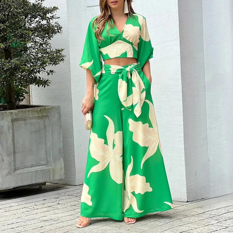 S-XL  Summer New Sweet Print V-neck Lantern Sleeve Short Shirt Two-piece High Waist Wide Leg Pants