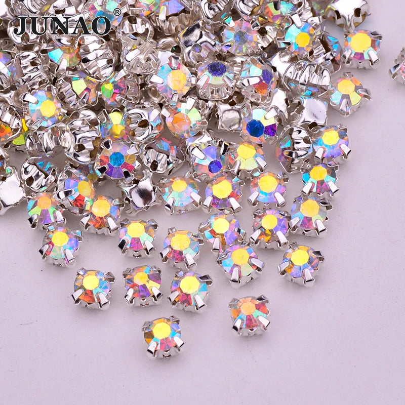 JUNAO Wholesale SS12 SS20 SS50 Crystal AB Strass Round Glass Stones Sewing Claw Rhinestones for Clothes