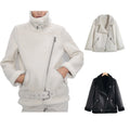 Women Black/White Faux Fur Lined Fleece Motorcycle Jacket Turn-down Collar Spring Knitted Woven Thick Warm Oversized Waterproof