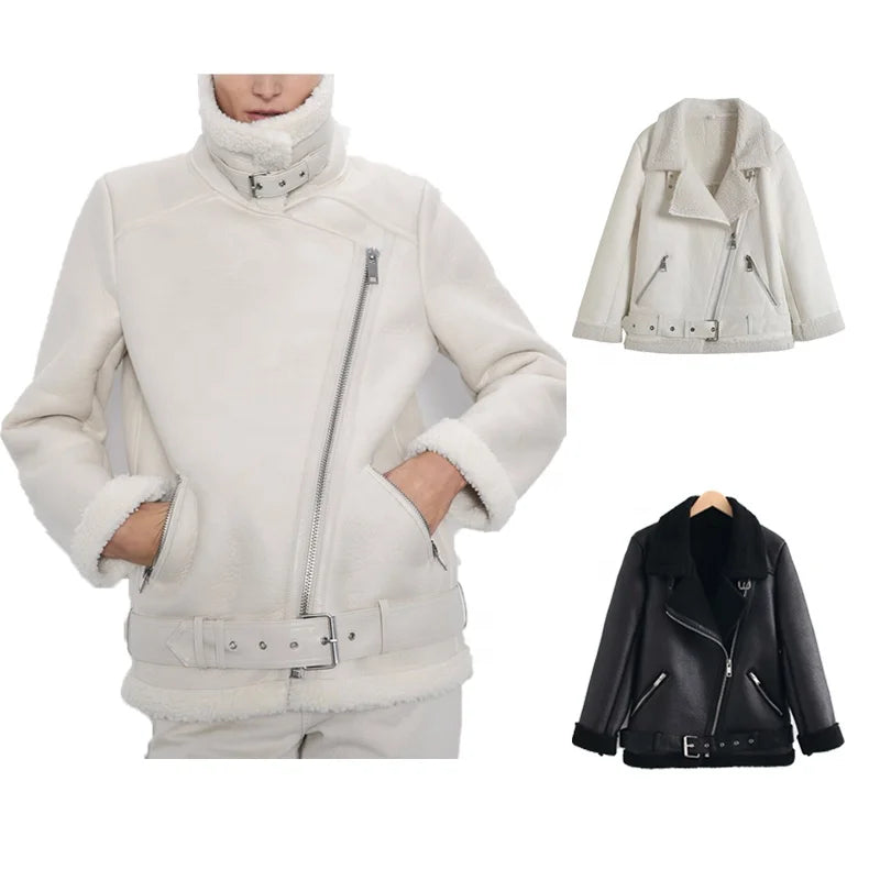 Women Black/White Faux Fur Lined Fleece Motorcycle Jacket Turn-down Collar Spring Knitted Woven Thick Warm Oversized Waterproof