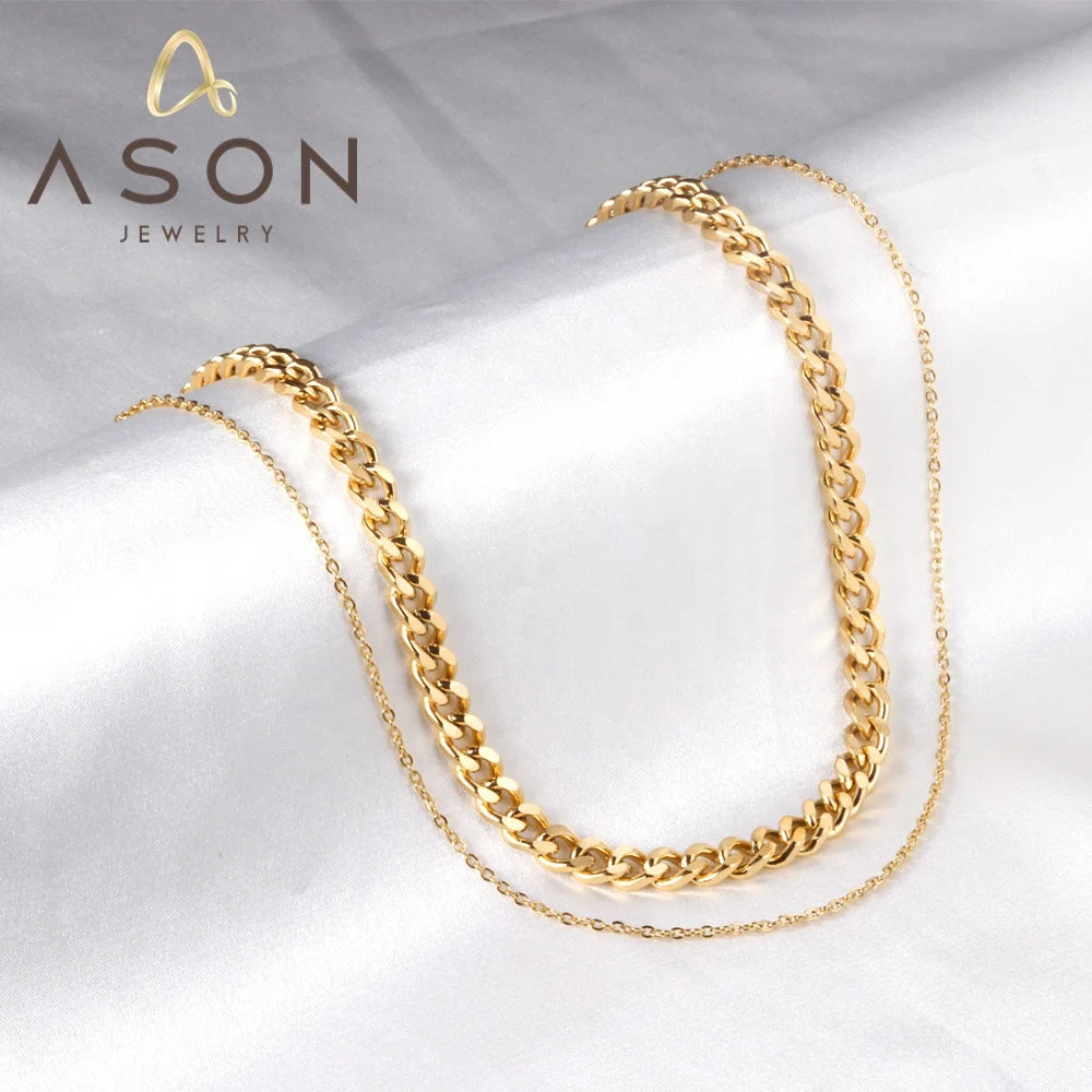 Ason Delicate 18k Gold Plated Thin Gold Chain Cuban Chain Necklace Stainless Steel Layered Necklace Women