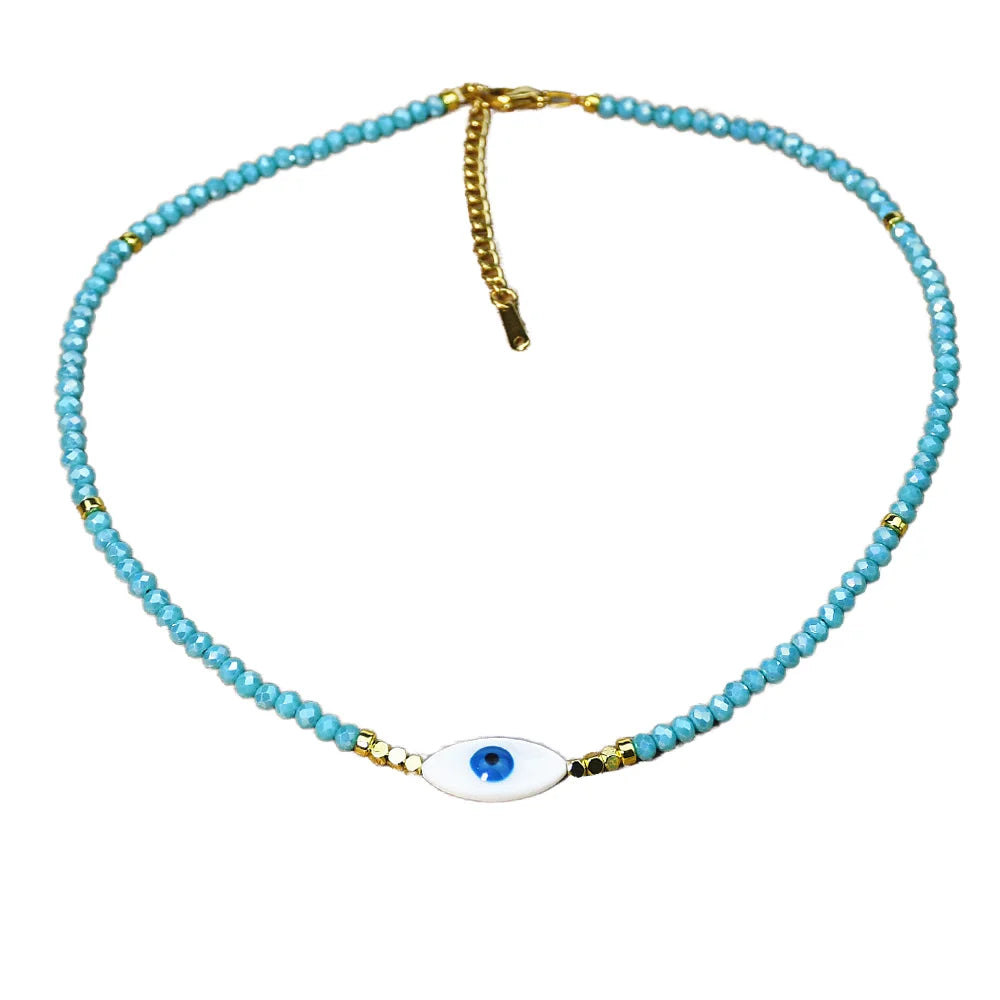 Wholesale Fashionable Blue Crystal Beaded Necklace Evil Eye Shell Charm Handmade Adjustable Short Necklaces for Weddings Gifts
