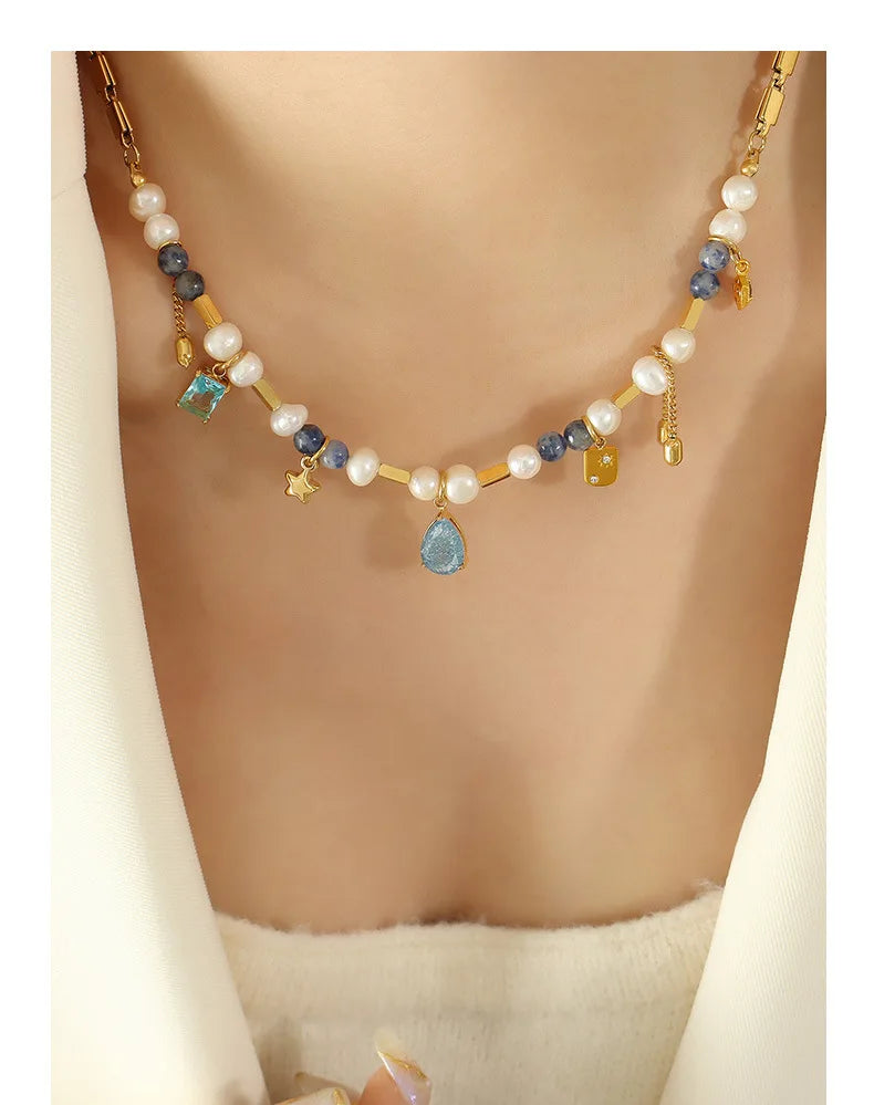 New Fashion Unique Design Stainless Steel Lade Beads Freshwater Pearl Natural Stone Choker Necklace Women Girl Gift P1369