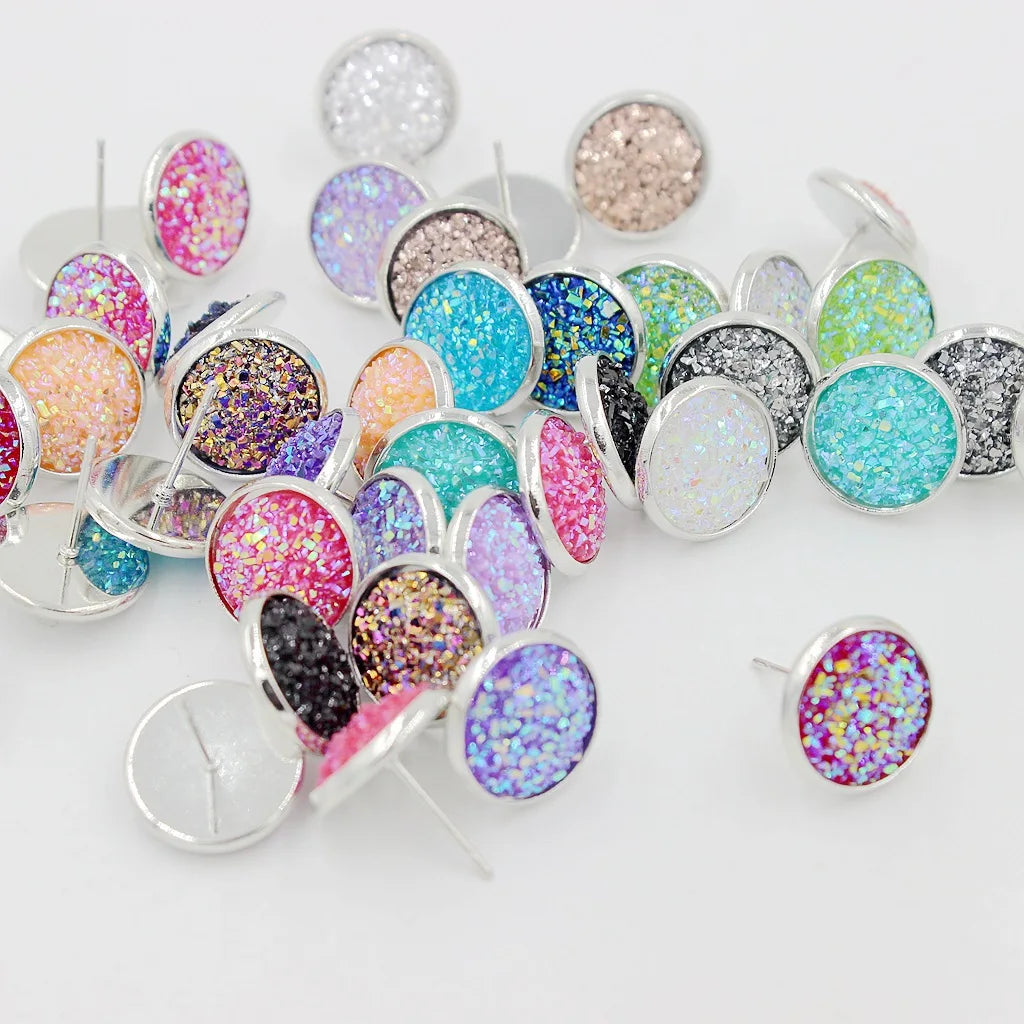 10 Pairs/lot Wholesale Gold Rough Flat Agate Druzy Cabochon Resin Stud Earrings for Wedding Engagement Party Anniversary Gift