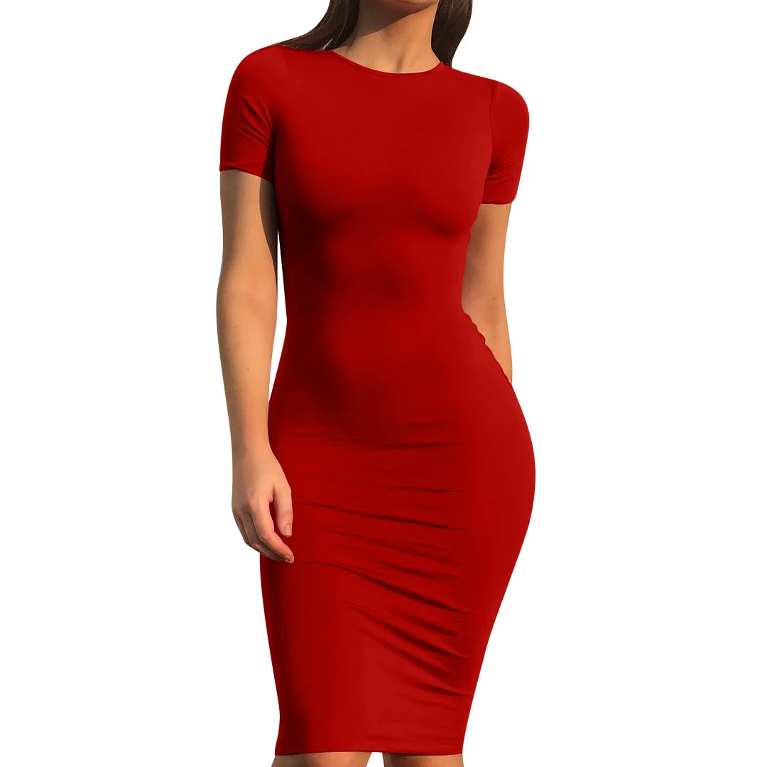New Arrivals Round Neck Casual Bodycon Party Dress Elegant Short Sleeve Midi Cocktail Sexy Evening Dress