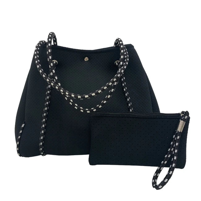 Wholesale Brand Women's Black Neoprene Casual Tote Bag Custom Printed Logo Factory Sale Lady Handbag Beach Bag