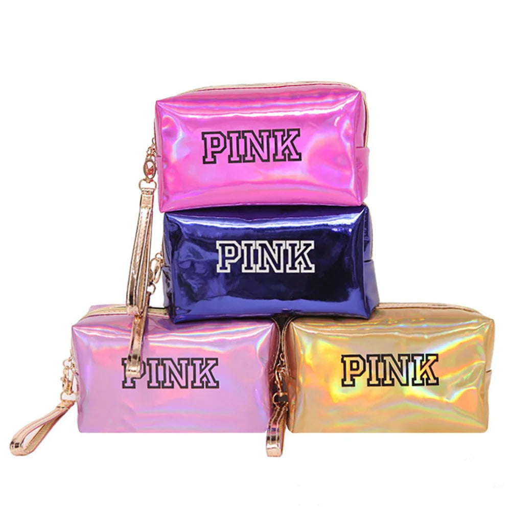 Company Logo Print Custom Holographic Pink Cosmetic Zippered Bag With Wrist Strap Wholesale Hot Sale Shiny Beauty Bag for Women