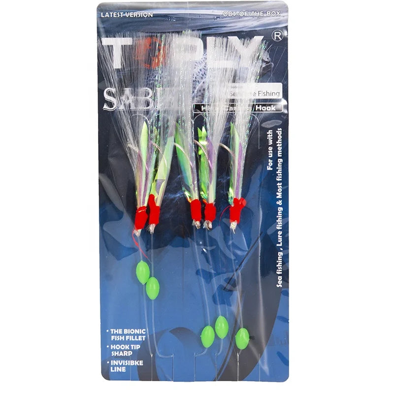 Toply 5 PCS Mackerel Barbed Hook Bass Cod Lures Sea Fishing Rigs Tackle Boat Fishing Rig Crystal 3/0