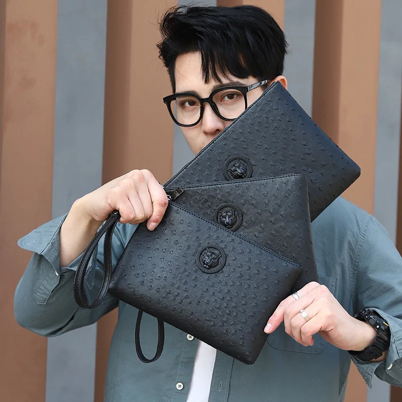 New Men's Fashion Clutch Bag PU Leather Ostrich Pattern Underarm Business Handbag Long Wallet All Seasons