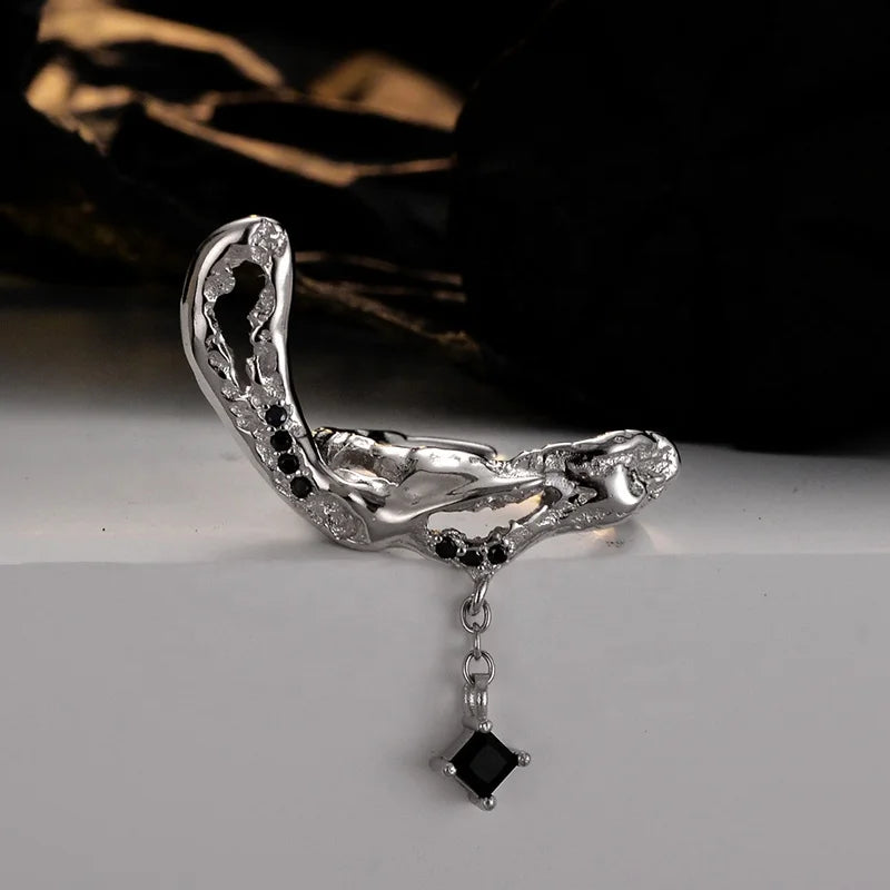 ICEBELA Jewelry 925 Sterling Silver Niche Chic Sweet Cool Irregular Texture Micro Inset Jewelry Black Zircon Ring