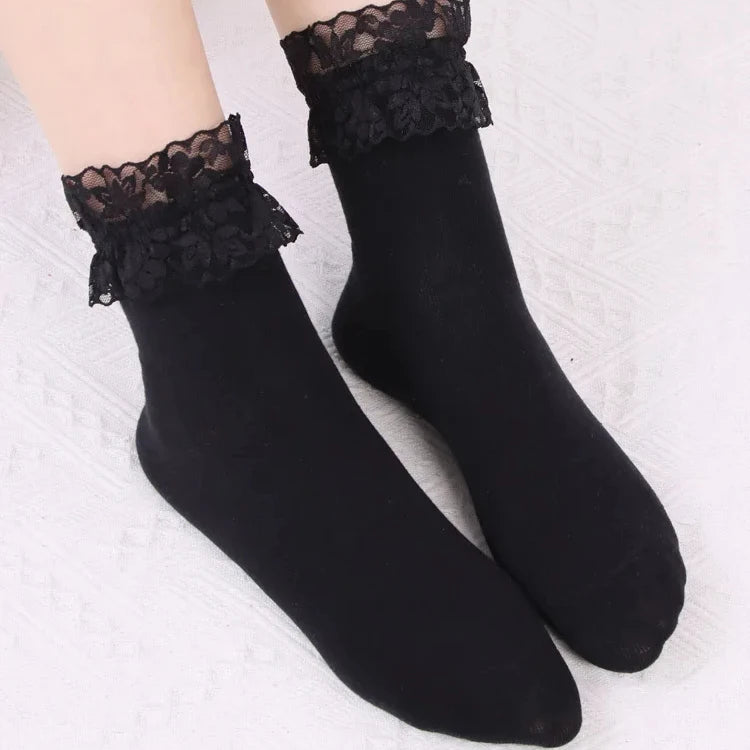 Spring Ladies Girl's Lace Soft Comfortable Candy Color Middle Tube Hoseiry Lolita Frilly Socks Ruffle Princess Cotton Socks