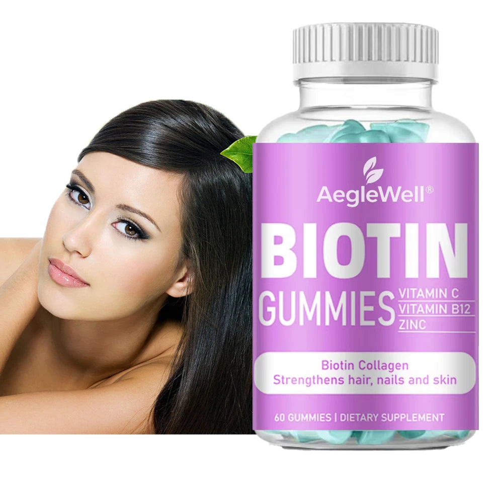 Aeglewell Factory Supply OEM Beauty Hair Skin Nails Biotin Collagen Gummy Skin Brighten Vitamin Vegan Biotin Collagen Gummies