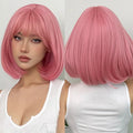 Factory Outlet Pink Bob Short Straight Synthetic Hair Wig with Bangs Cute Wigs for White Women Daily Natural Hair