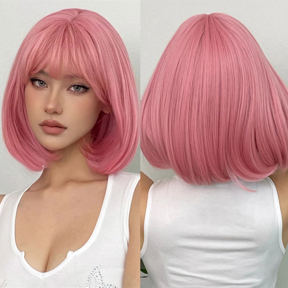 Factory Outlet Pink Bob Short Straight Synthetic Hair Wig with Bangs Cute Wigs for White Women Daily Natural Hair