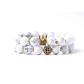 2024 New Style Men Women 2 Set Natural Stone White Bead Royal Crown With CZ Charm Bracelet Stretch Beaded Bracelet
