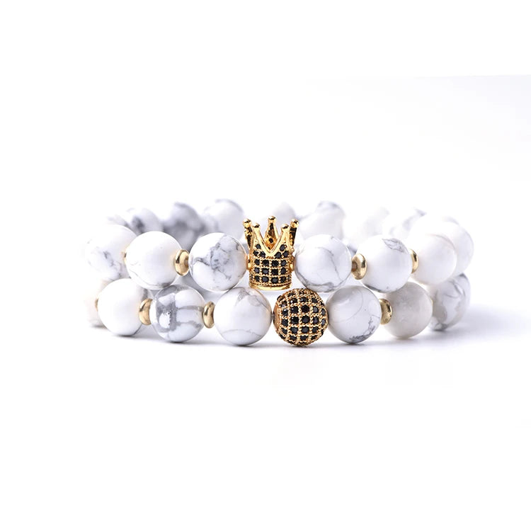 2024 New Style Men Women 2 Set Natural Stone White Bead Royal Crown With CZ Charm Bracelet Stretch Beaded Bracelet