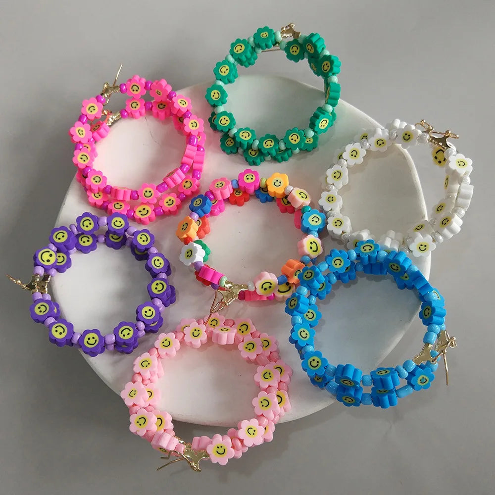 Wholesale Handmade Daisy Flower Clay Bead Earrings Polymer Handmade Hoop Earring 6cm Jewelry for Women China Supplier