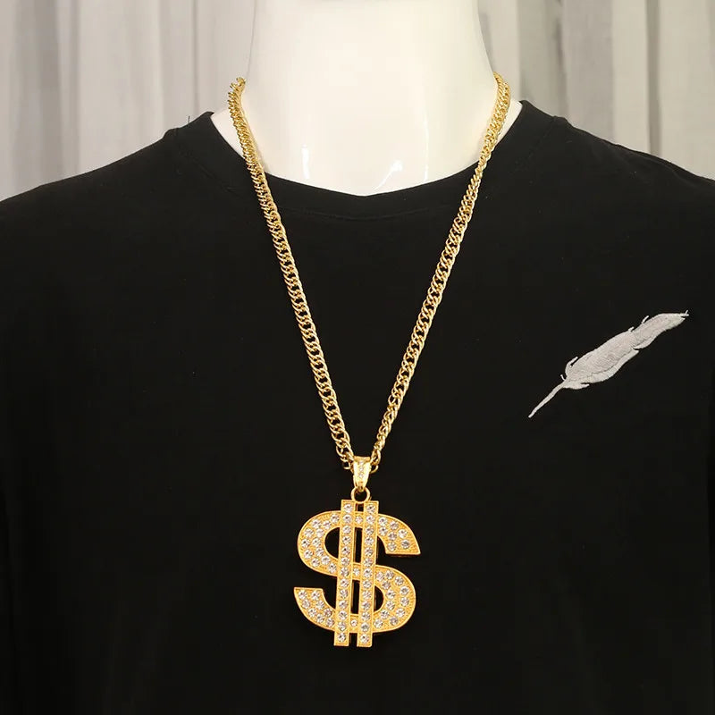 Hot Selling Hip-Hop Exaggerated Diamond Plated Gold Necklace Cuban Chain Dollar Symbol Pendant Big Necklace for Gift