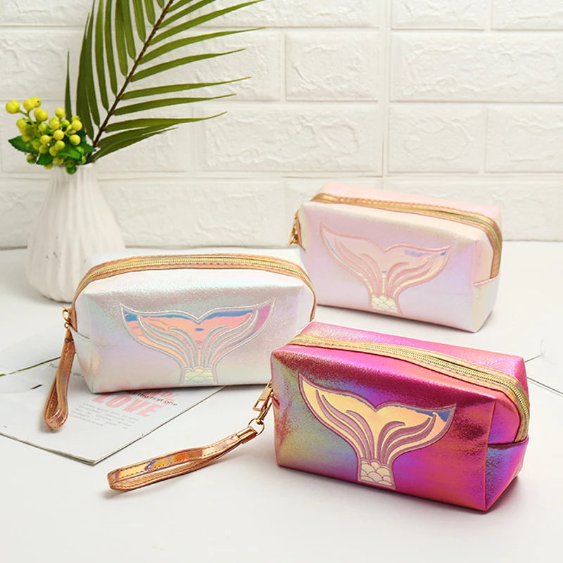 Logo OEM Rainbow PU Laser Mermaid Tail Women Cosmetic Zipper Makeup Bag Travel Lipstick Beauty Case Waterproof Toiletry Pouch