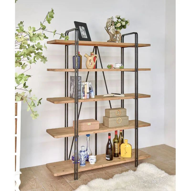 INNOVA Eco-Friendly Multifunction Vintage Industrial Style 5 Tier Foldable Metal Frame Wooden Rack Storage Display Floor Shelves