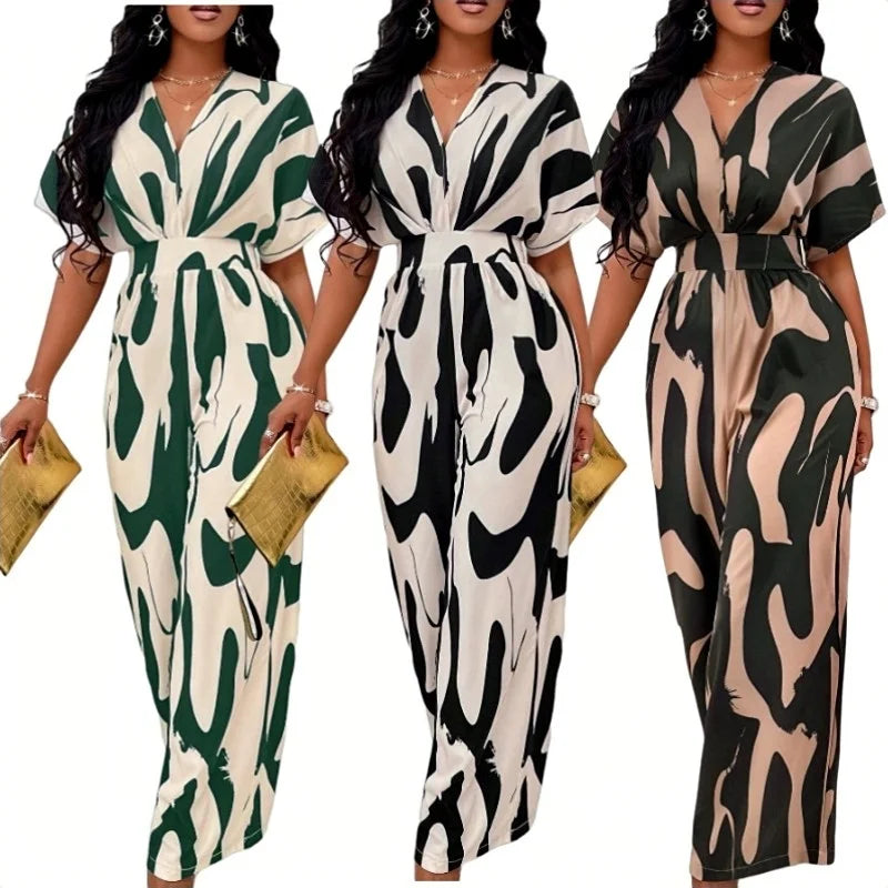 Women's High Waist Short Sleeve Jumpsuit Wide Leg Printed Summer Casual Overalls Loose Fit with Good Visibility