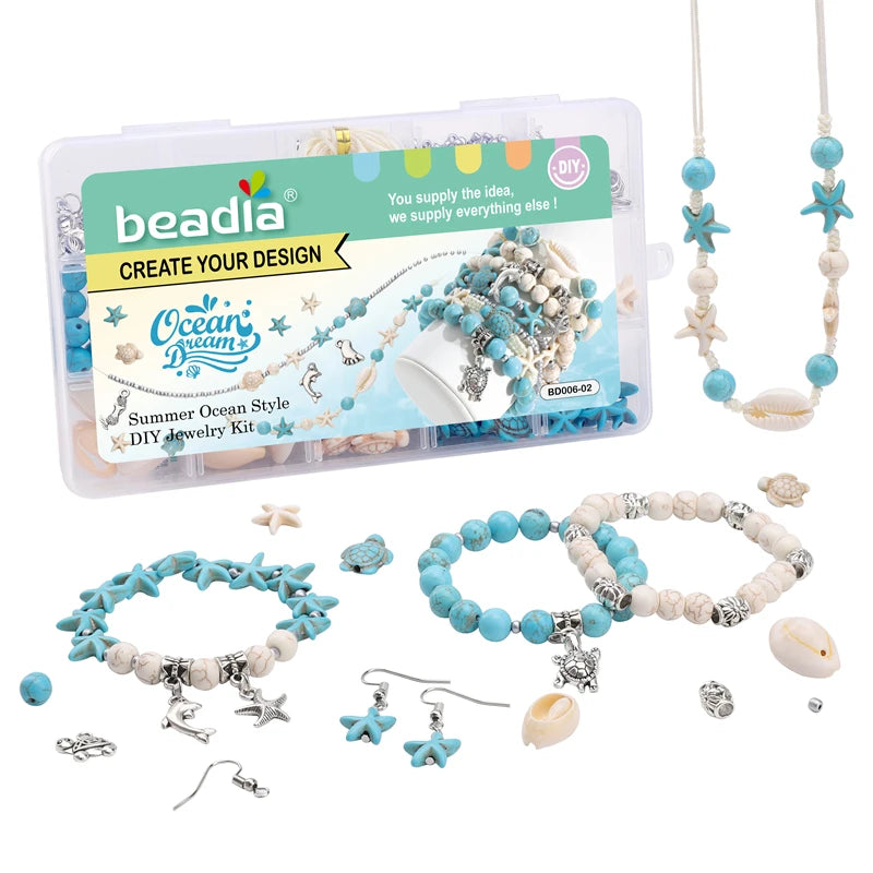 BD006-02 Ocean Turquoise Set 715Pcs/Box Round Stone Beads Shell Bead Charm Findings Kit for DIY Jewelry Bracelet Necklace Making