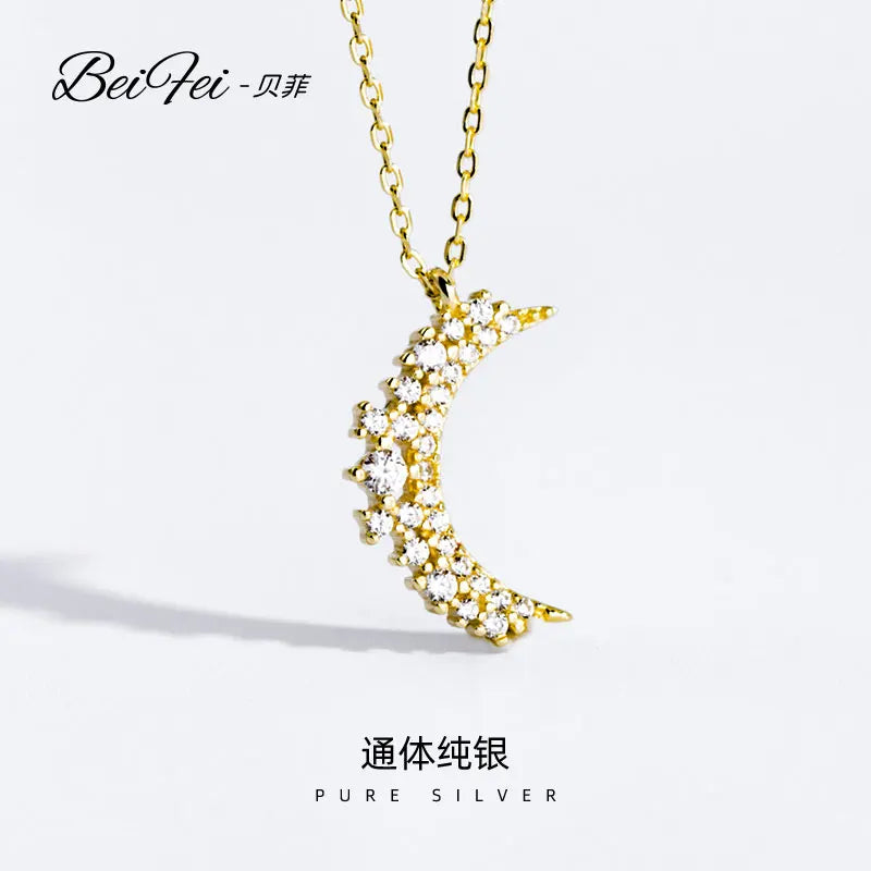 Customize Moon Pendant Charm Jewelry 925 Silver Chain Women Cz Stone Necklace
