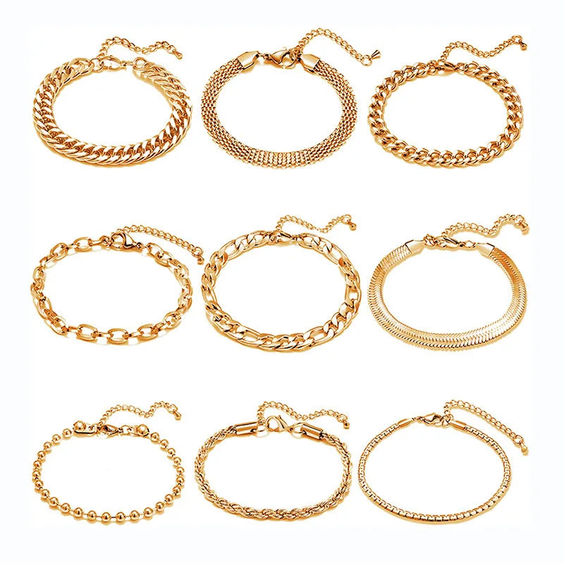 BM Fashion Stainless Steel Gold Plated Chain Link Bracelet Waterproof Hypoallergenic Geometric Bangles for Gift