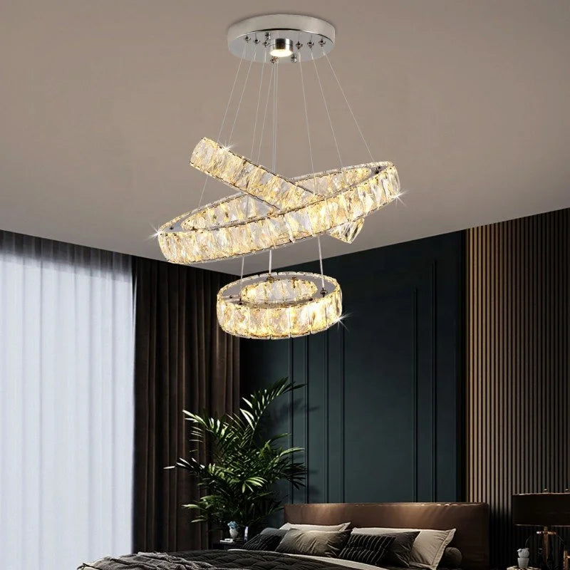 Loft Crystal Warm Light 47W LED Lamps Round Ring Modern Crystal Pendant Light for Living Room