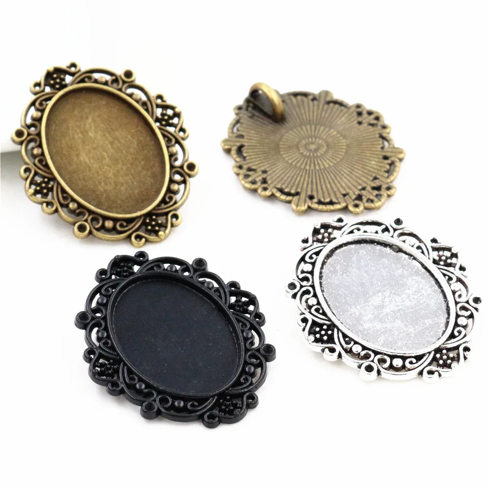 Fit 18x25mm Pendant Bezel Trays Vintage Flowers Style Oval Cameo Cabochon Base Setting Charms DIY Necklace Supplies