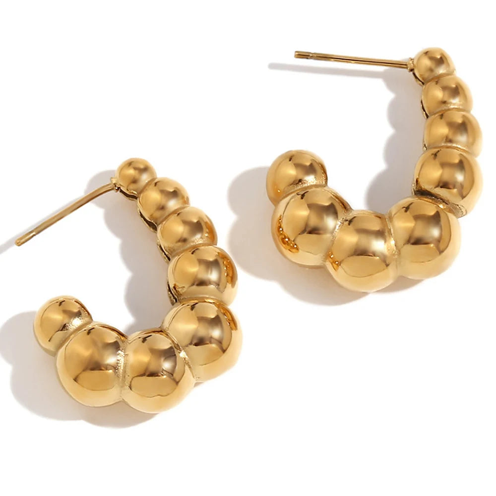 Personalized Gradient Bead Unusual Earrings Stainless Steel Hollow J-shaped Geometric Hoop Earrings Attractive Women Jewelry
