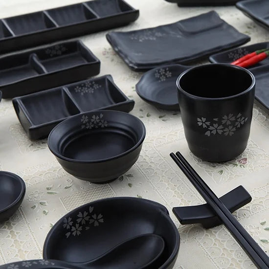 Sushi Set Matte Black Melamine Sushi Plate Serving Tray Sushi Dinnerware Set