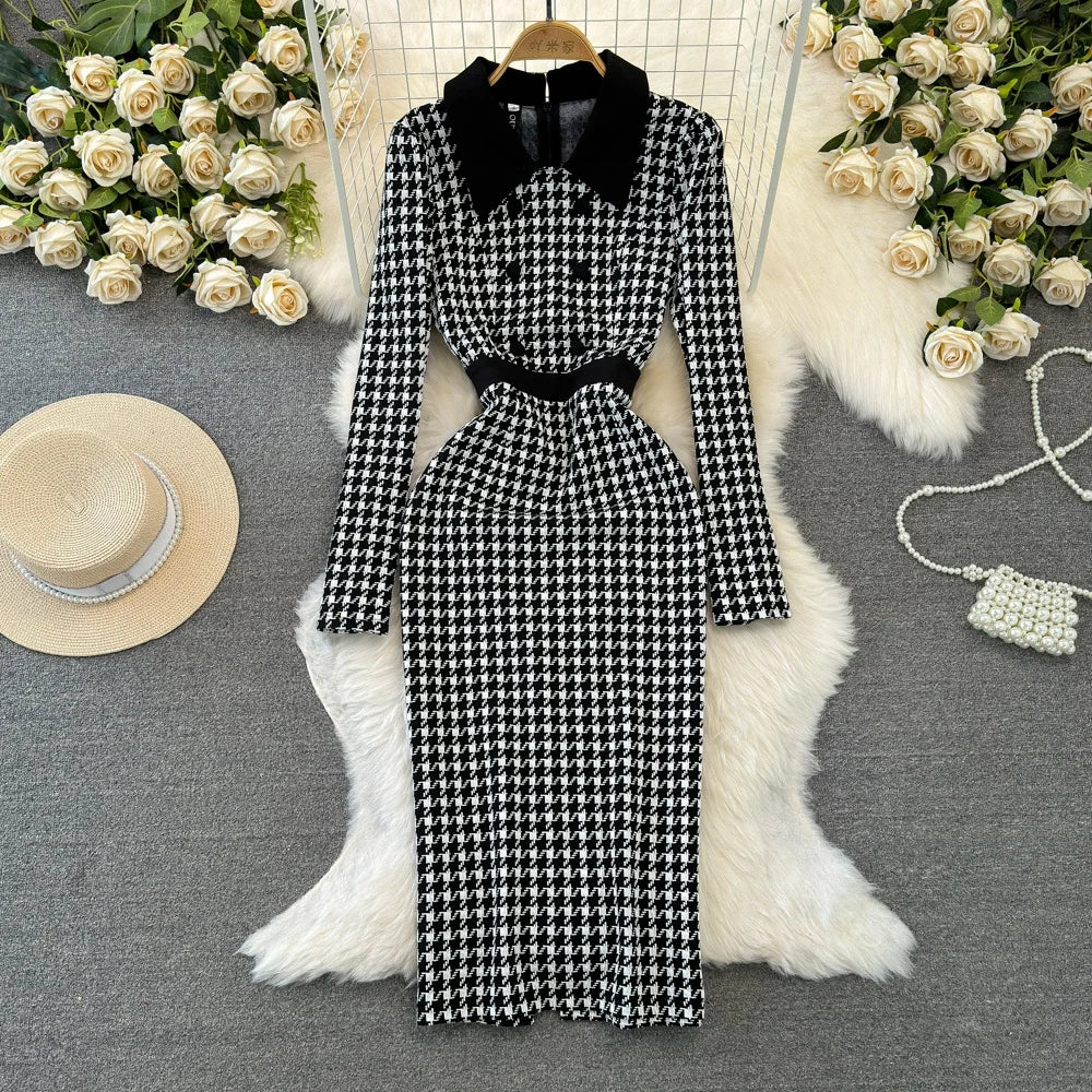 Fall and Winter Fashion Long Sleeve Lapel Waisted A-Line Plaid Tight Elegant Dresses