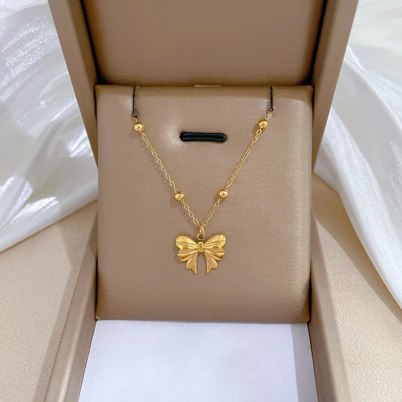 Cute INS Simple Fashion PVD Gold Plating Stainless Steel Bow Tie Pendant Necklace for Women Girls Jewelry