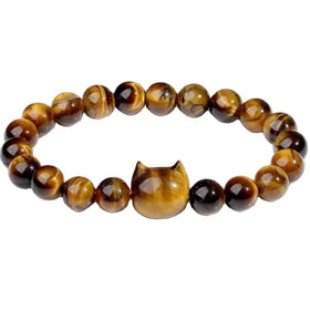 Natural Tiger Eyes Stone Bracelet Cute Cat Head Beaded Bracelets Elastic Stretch Crystal Bracelet for Woman Men Gift