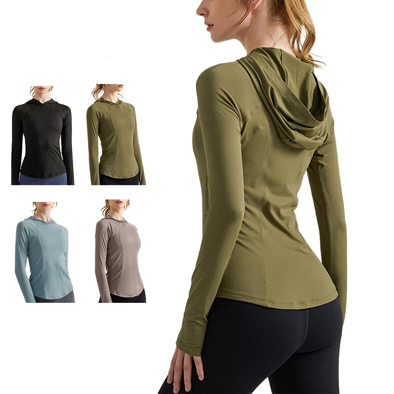 Hot Sale Women's Long Sleeve Hooded Gym Hoodies Breathable Recyclable Sports Workout Yoga Top Plus Sizes