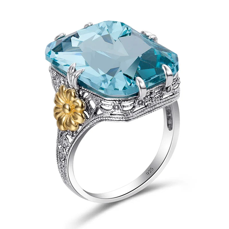 Vintage Golden Flower Sky Blue Aquamarine  Handmade Engagement Viking Jewelry Silver Ring with Stone
