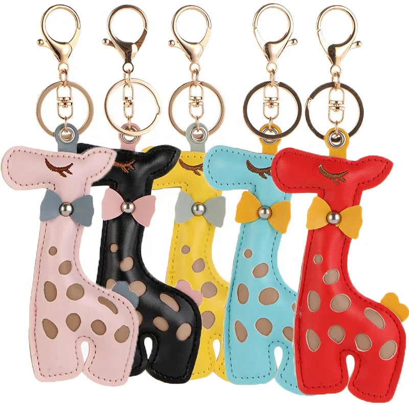 Fashion PU Leather Key Rings Cute Bowknot Giraffe Keychain for Bag Car Pendant Unisex Gift