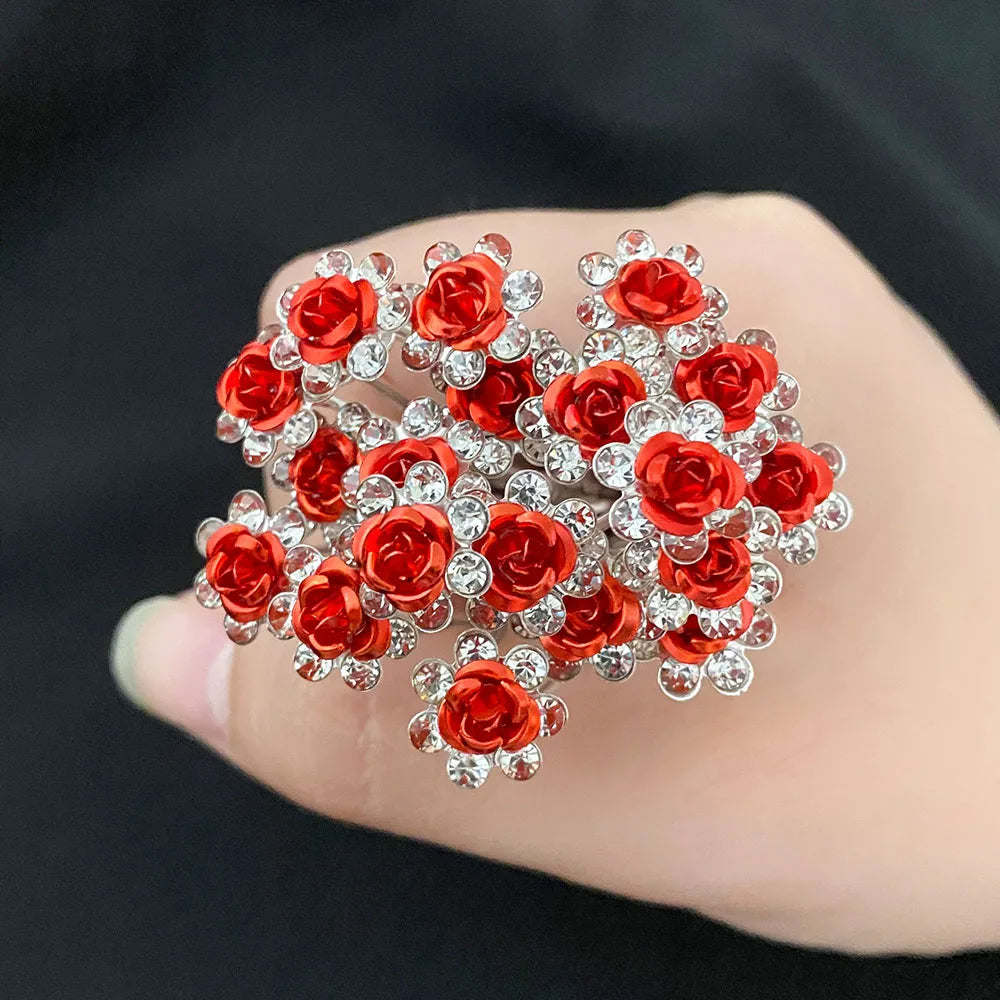Bulk 20Pcs Fashion Wedding Bridal Red Pearl Flower Clear Crystal Rhinestone Hair Pins Clips Hairwear Jewelry Hair Accessories