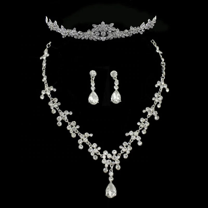 Bride Necklace and Earrings Set Chain Wedding Necklace Accessories Crown Necklace and Earrings Three-piece Wedding Jewelry